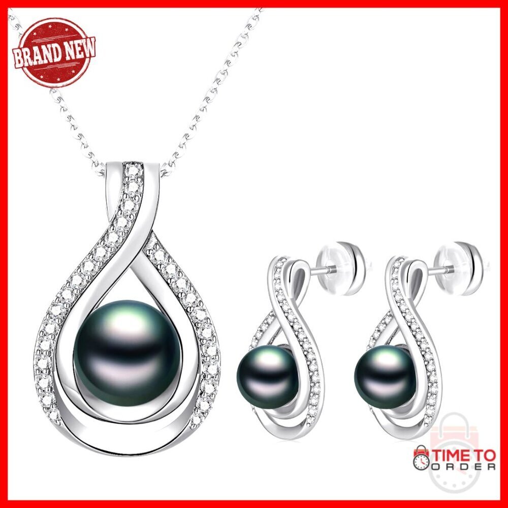 Pearl Necklace Earrings Set 14K Gold Plated Adjustable Jewelry Gift